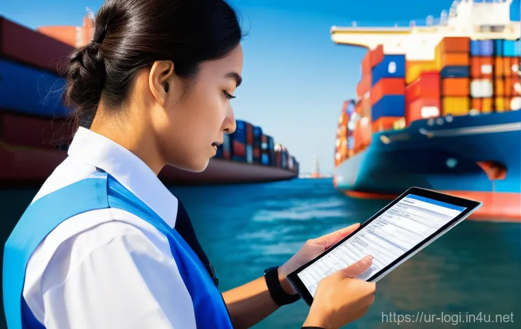 물류정보관리사 실무 필수 문서 작성법 - **Prompt:** A detailed, close-up shot of a modern customs officer, wearing a crisp, professional uni...