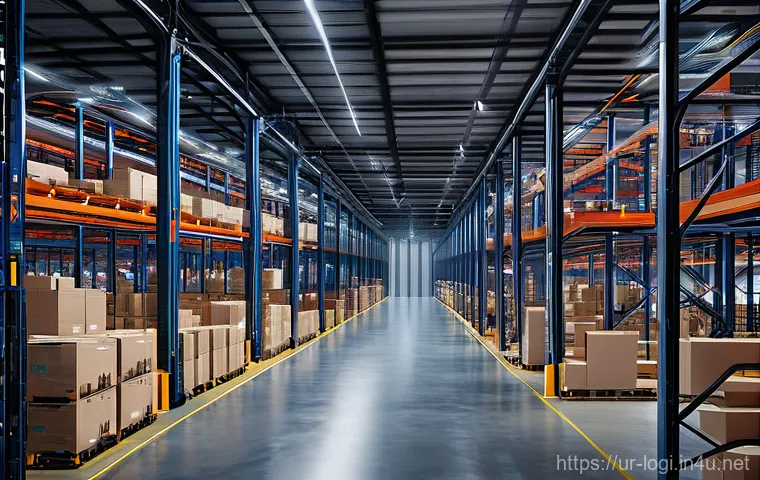 물류정보관리사와 스마트 물류 기술 - **Prompt:** "A futuristic, ultra-modern smart warehouse interior at dawn. The scene is immaculate, w...